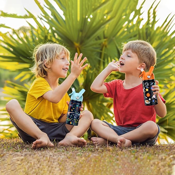 14oz Kids Insulated Water Bottle with Straw Lid - 18/8 Stainless Steel Kid Cup Travel Tumbler Double Wall Vacuum Leak Proof Portable Toddler Water Bottle (Space + Dinosaur)