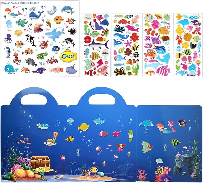 ASTARON Reusable Sticker Book for Toddlers, 88 Pcs Ocean Stickers Road Trip Activities Car Airplane Activities Travel Toys for Kids, Kids Quiet Time Activities (2-6 Age)