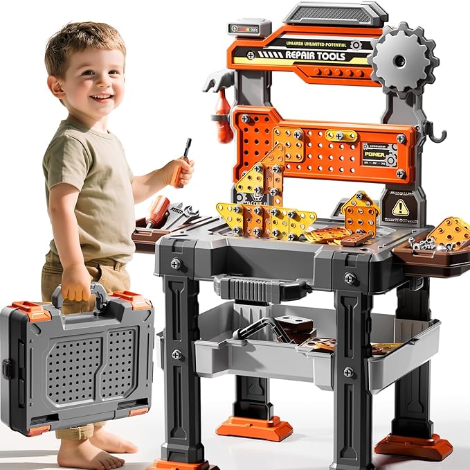 2 in 1 Workbench Tools Toys Set with Sound for Toddlers Aged 3-5, 145 PCS Educational Construction Mechanic Toolbox for Boys Girls, Pretend Play Toys Birthday Gift for Kids 3 4 5 6 Years Old