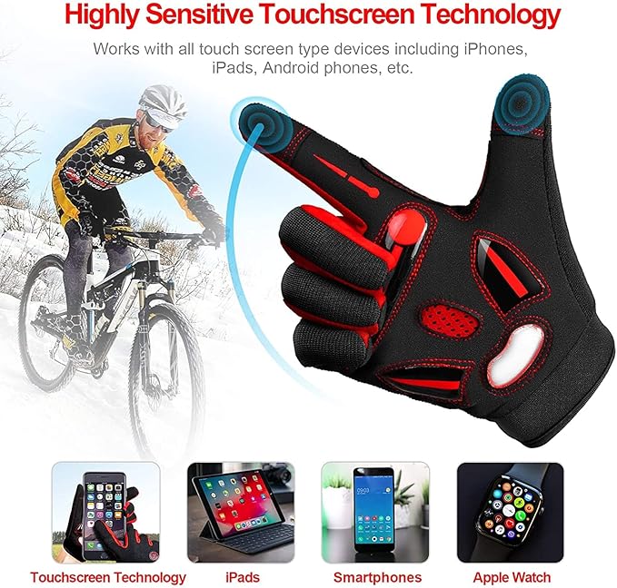 BIKINGMOREOK Bike Cycling Gloves for Men Women,Touchscreen Full Finger Shock-Absorbing 5MM Gel Pads MTB Road Bicycle Gloves for Mountain Biking,Running,Hiking,Outdoor Sports