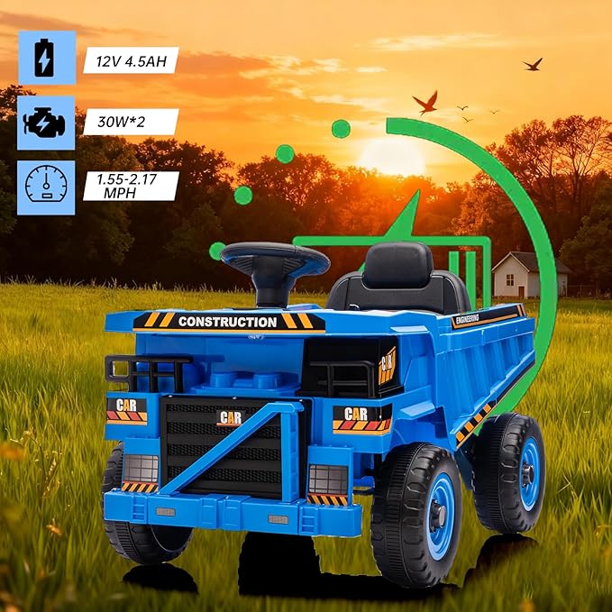 12V Ride On Construction Truck, Battery Powered Ride On Car with Remote Control, Kids Electric Vehicle with Shovel, Speaker, Blue