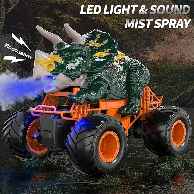 Bennol Remote Control Dinosaur Truck Toys for Kids Boys 3-5 4-7, 2.4GHz RC Dino Car Toys with Light, Sound & Spray, Indoor Outdoor All Terrain Electric RC Monster Car Gifts for 3 4 5 8 10 12 Boys Kids