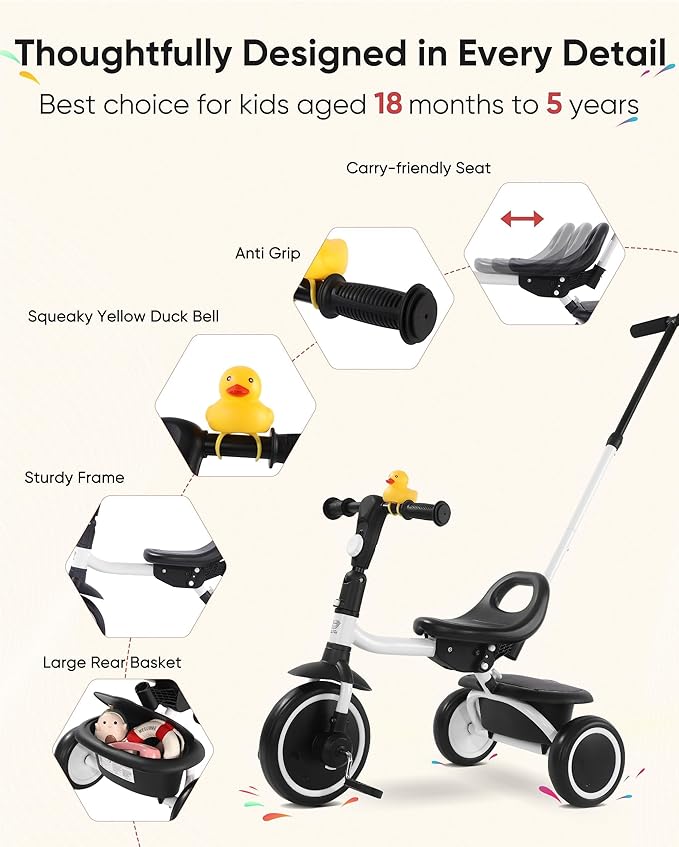 Tricycle for Toddlers 18 Months to 5 Years with Removable Push Handle, Tricycles for 3-5 Year Olds Ideal for On-The-Go Families, Adjustable Carry-Friendly Seat, White