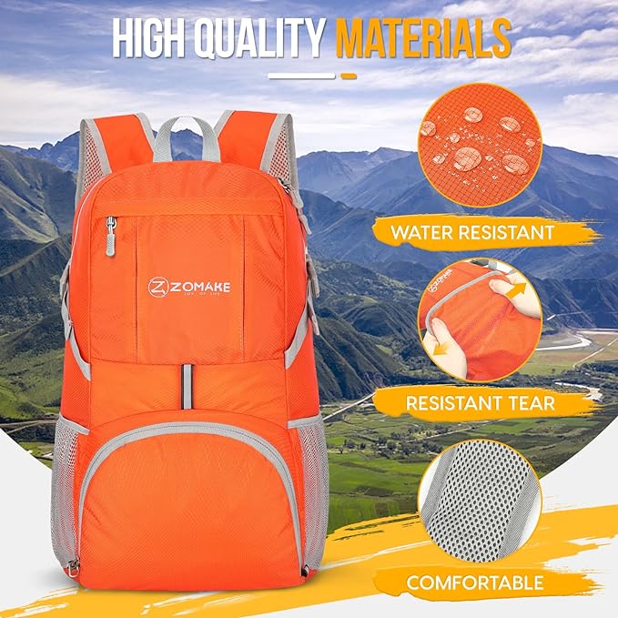 ZOMAKE Lightweight Packable Backpack 35L, Light Foldable Backpacks Water Resistant Collapsible Hiking Bag, Compact Folding Day Pack for Travel Camping(Orange)