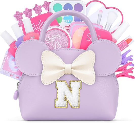 Pretend Makeup Kit for Toddlers Kids- 21Pcs Make Up Toys with Initial Toddler Purse - Birthday Gifts for 3 4 5 Years Old Girls Vanity Set Christmas Birthday Gift Purple N