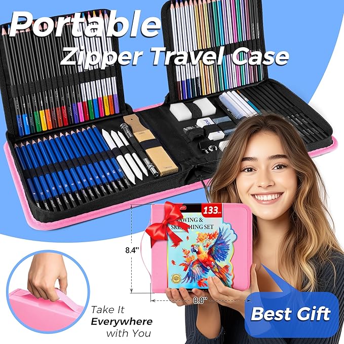 133 Pack Drawing Set Sketching Kit, Pro Art Supplies with Sketch Book, Coloring Book, Watercolor Pad, Black Paper Pad, Graphite Colored Charcoal Watercolor & Metallic Pencils, for Artists Adults Kids