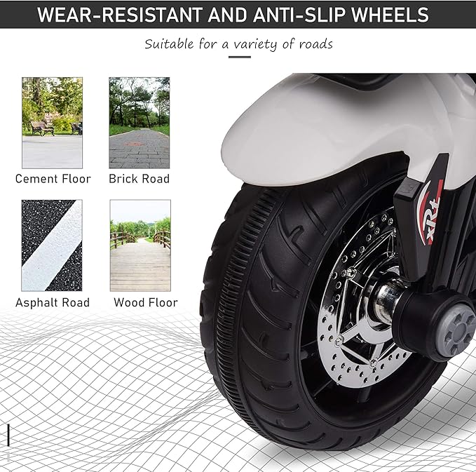 Aosom 6V Kids Motorcycle Toddler Ride-on Toy, High-Traction Battery-Operated Mini Electric Motorbike with Forward/Reverse Switch, Music, Headlights, Horn, White