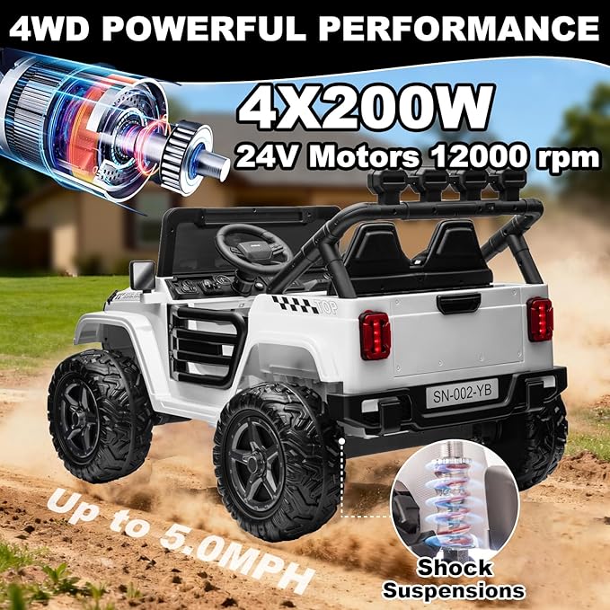 NEWQIDA 24V 2 Seater Ride on Car w/Remote Control 4wd Kids Electric Vehicles Ride on Toys Car, EVA Tires Wheels, 20" Spacious Seat, LED Lights, Music, Spring Suspension, 4x200W Motors, White