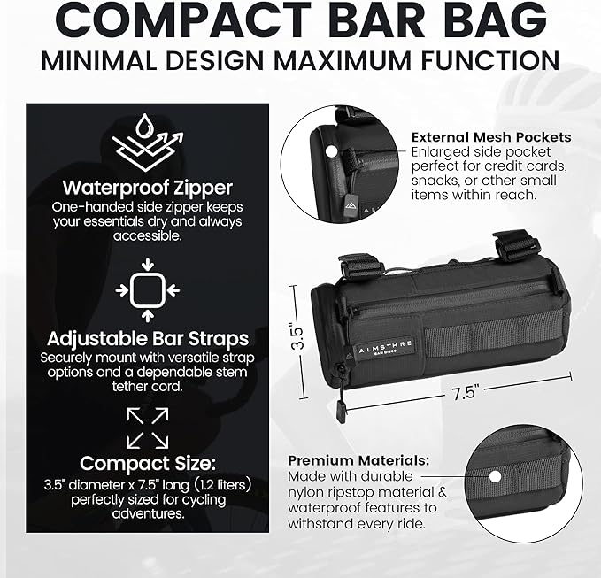 Compact Bar Bag – Midnight Black | Hard-Shell Bike Handlebar Bag with Waterproof Zipper & Adjustable Straps | Lightweight Bicycle Handlebar Bag, Compatible with Road, Gravel & MTB Bikes