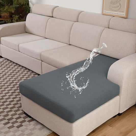 100% Waterproof Couch Cushion Covers L Shaped Chaise Cover, Stretch Seat Covers for Sectional Sofa, Reversible Couch Sofa Protector Covers for Kids Pets, Washable(Chaise Cover, Grey)