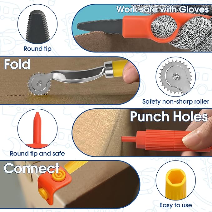 FEMBW Cardboard Construction Kit – 150 PCS DIY STEM Craft Set with Kid-Safe Cardboard Cutter,Safe Serrated Cutter & Tools for Creative Projects, School, Home, Team Activities, Ages 5+