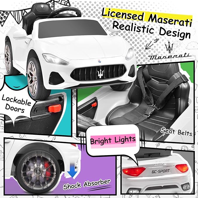 Joywhale 12V Kids Ride on Car Licensed Maserati Battery Powered Electric Vehicle for Ages 3-6, with 2.4G Remote Control, Metal Suspension, Safety Belt, Bright Headlights, Music & FM, White, DP-M02L
