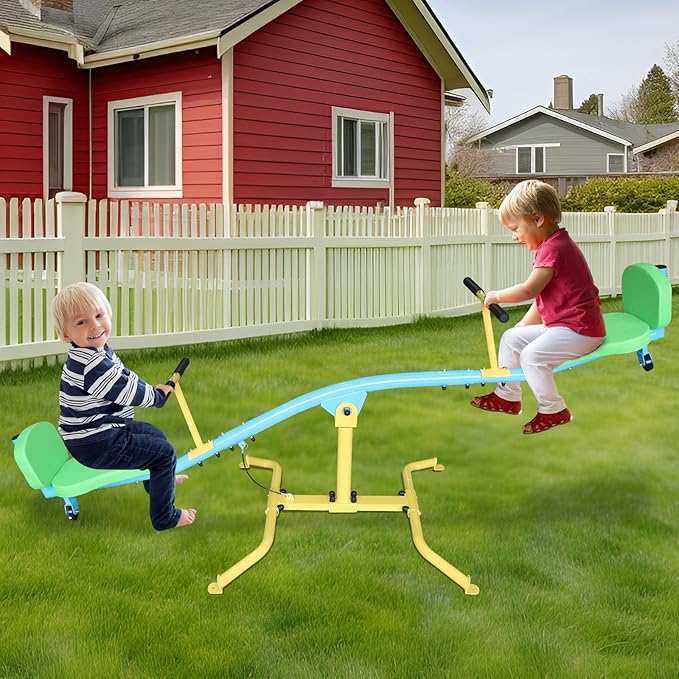 360 Degree Rotation Seesaw Swivel Teeter-Totter, 2/3/4 Seats Sit and Spin Outdoor Playground Equipment for Kids, Toddlers, Boys, Children (Green-2 Padded Seats)