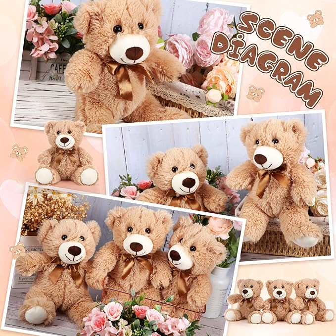HyDren 6 Pcs Bear Stuffed Animal Plush Toys Soft Plush Dolls Bear Sleeping and Playing Toys for Baby Shower Decoration Boy(Long Plush,Light Brown)