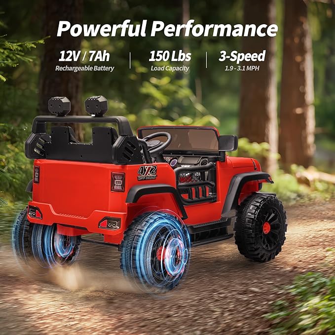 2 Seater Ride on Car Toy, 12V Electric Car for Kids 4-8 with Remote Control, Capacity 150 lb, LED Light - Red