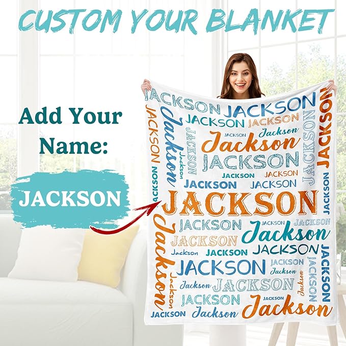 Ship Next Day, Personalized Baby Blanket with Name - Printed in USA, Custom Name Blanket for Boys Girls Kids, Customized Flannel Blankets Gifts for Teen Shower Toddlers Christmas Brithday