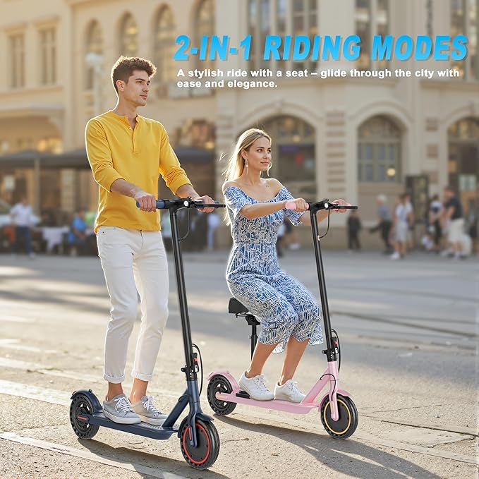 Electric Scooter, Folding E Scooter for Adults with Seat, 350W Motor, 8.5" Tire, 19MPH, 21Mile Long Range Lightweight Teens Commuting Sit Down Escooter with App, Bluetooth, Dual Brake (Seat Optional)