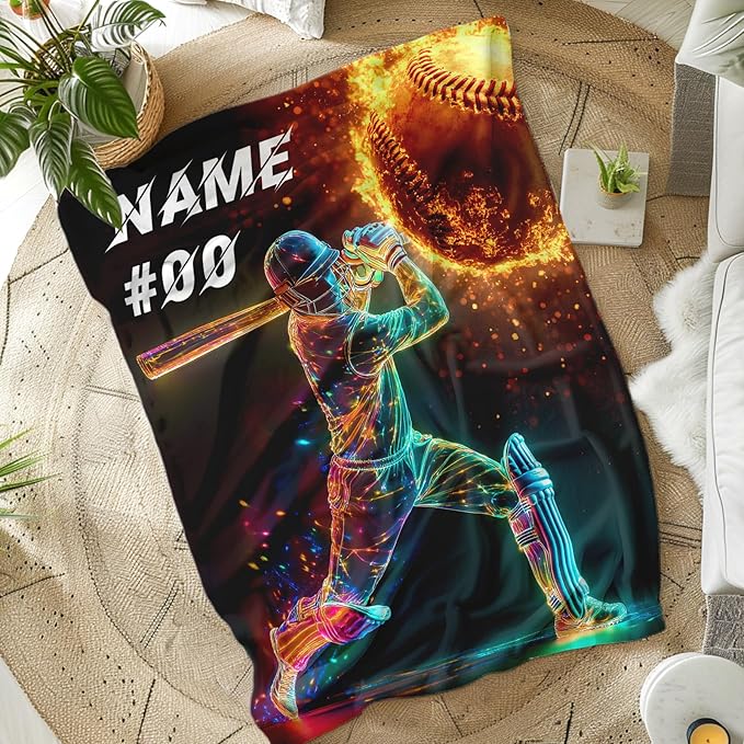 Custom Baseball Blanket, Personalized Name Throw Blanket, 50 x 40 Inches Soft Sports Blanket for Boys, Baseball Lovers, Cozy Warm Flannel Throw Blanket for Bed Sofa Room Decor, Camping, Travel