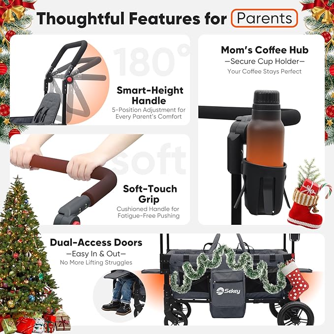 Sekey Wagon Stroller for 2 Kids, Luxury 4-in-1 Stroller Wagon - Premium Quality with Convertible Seats, Adjustable Push Handles, Removable Canopy, Snack Tray & Cooler, US Certified