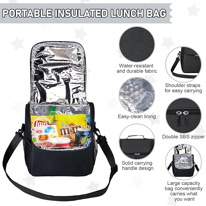 Bento Lunch Box for Kids with 17oz Soup Thermo,Insulated Tumbler Water Bottle and Insulated Lunch Bag,Leak-Proof 3 Compartment Lunch Food Container with Ice Pack for Kids to School-Black