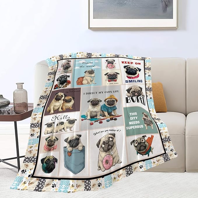 Pug Throw Blanket Pug Puppy Stuff Gifts for Dog Lover Kids Girls Boys Adults Women Men Soft Cozy Warm Plush Fluffy Fuzzy Fleece Blanket Decor 40''X50''
