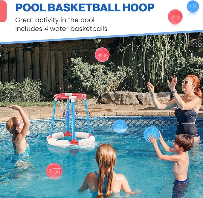 Pool Basketball Rim, Floating Pool Toy with 4 Balls and Pumps, Pool Basketball Game Outdoor Toy for Kids Adults Home Party Water Summer Toys