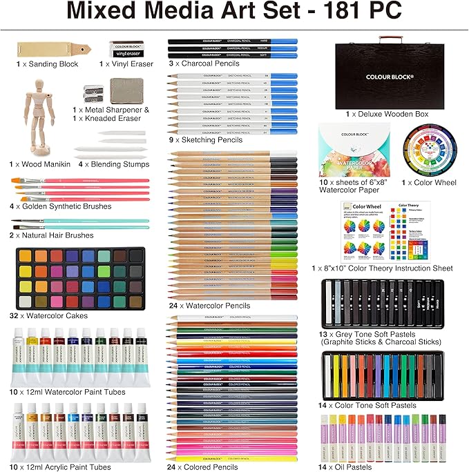 COLOUR BLOCK 181 pc Mixed Media Art Set in Exquisite Wooden Case - Acrylic & Water color Paints, Sketching, Colored Pencils, Soft & Oil Pastels