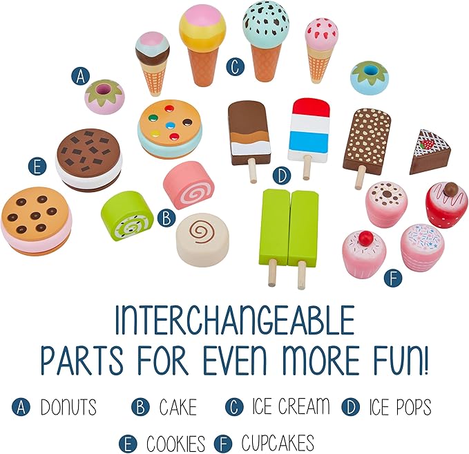 Lil’ Jumbl Wooden Sweet Treats Playset, Kids Play Pretend Dessert Stand Push Cart w/ 20+ Ice Cream Cone, Popsicle & Cupcake Accessories, Food Displays, Awning, Freezer, Storage Drawers, Clock & Menus
