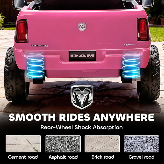 Qaba 12V Kids Ride on Car, Licensed Dodge RAM 3500 Electric Car for Kids with Dual Motors, Parent Remote Control, Rear Suspension, Power Display, Bluetooth Music and LED Lights, Pink