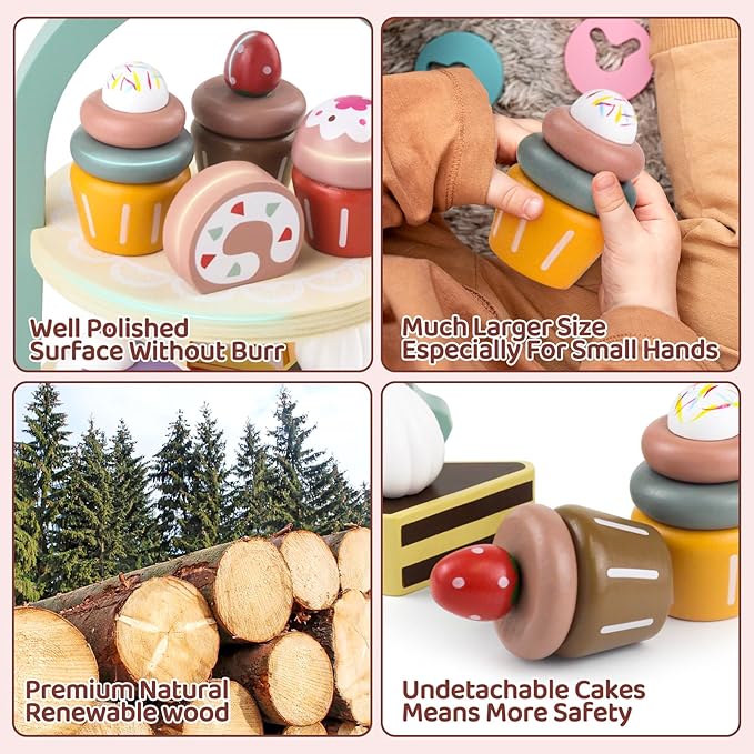 Wooden Cake Toys Tea Party Set, Desserts Food Toy with Cupcake Stand, Kids Pretend Play Kitchen Accessories, Wooden Play Food Set Toy Baking Gift for 3 4 5 Years Old Girls Boys