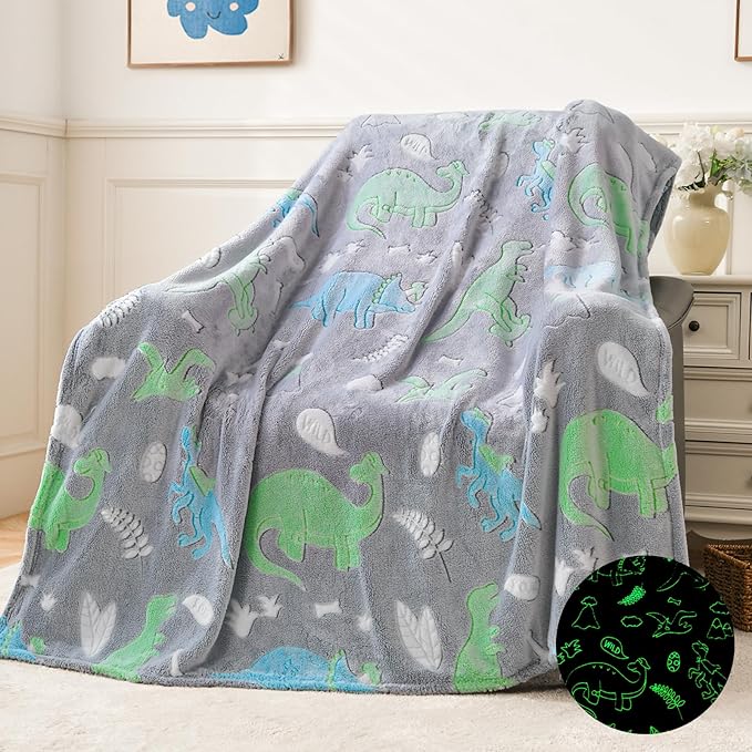QSTEHEML Dinosaur Glow in The Dark Blanket,Dinosaur Gifts for Boys Age 3 4 5 6 7 8 9 10 11 12 Year Old, Soft Throw Blanket for Kids - Christmas Birthday Bedroom Decor 50"×60"