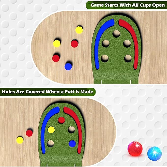 Golf Putting Mat for Kids, Toy Golf Set with Light up Holes, Glowing Balls, Practice Putting Green with 2 Clubs, Golfing Mats Indoor Outdoor, Sport Game Gifts for Kids Teens Family