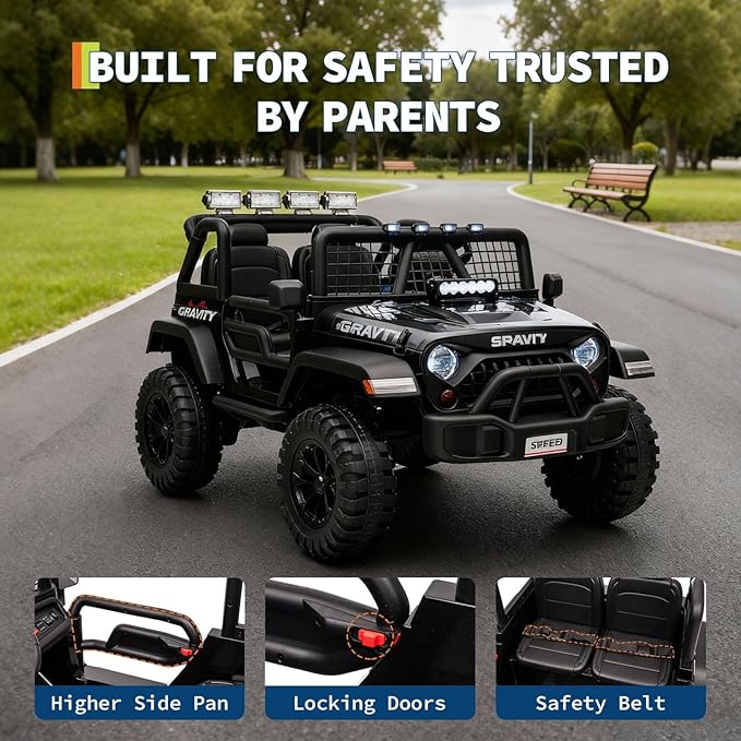 24V Ride on Car for Kids, 2 Seater Electric Truck with Parent Remote Control, Spring Suspension, 2 Speeds, LED Headlight & Music Player, Kids Electric Vehicle for Aged 3-8 Years, Black