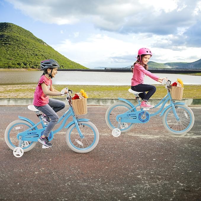 BABY JOY Kids Bike, 14 16 18 Inch Retro Kids Bicycles for 3-8 Years Old Children with Training Wheels, Adjustable Height, Rattan Basket, Handbrake & Coaster Brake, Boys Girls Bike (Pink, Green, Blue)