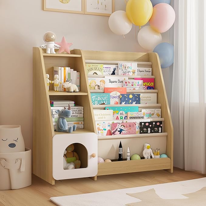 FKWin Kids Bookshelf, Kids Toy Storage Organizer, Baby Storage Book Rack, 4 Tier Kids Wooden Bookshelves, 5 Layer Sling Bookcase for Playroom, Bedroom, Living Room, Kids Room, Nursery, School(Natural)