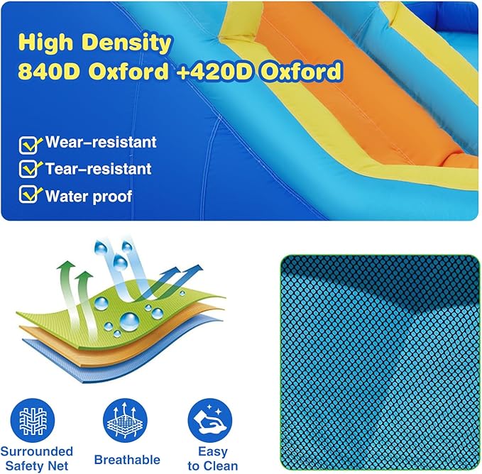 JOYLDIAS Inflatable Water Slide,Water Park Bounce House,Three Slide Bouncer Castle Playhouse w/Splash Pool, Climbing Wall, Felt Ball Target, Ring Toss Game, Goal for Kids Outdoor Fun, 680W Air Blower