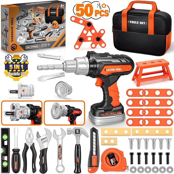 50PCS Kids Tool Set for Boys Ages 3 4 5 6 Years Old - Pretend Play Construction Tool Kits with Portable Tool Bag & Electronic Toy Drill, Toddler Tool Set, Christmas & Birthday Gifts for Boys