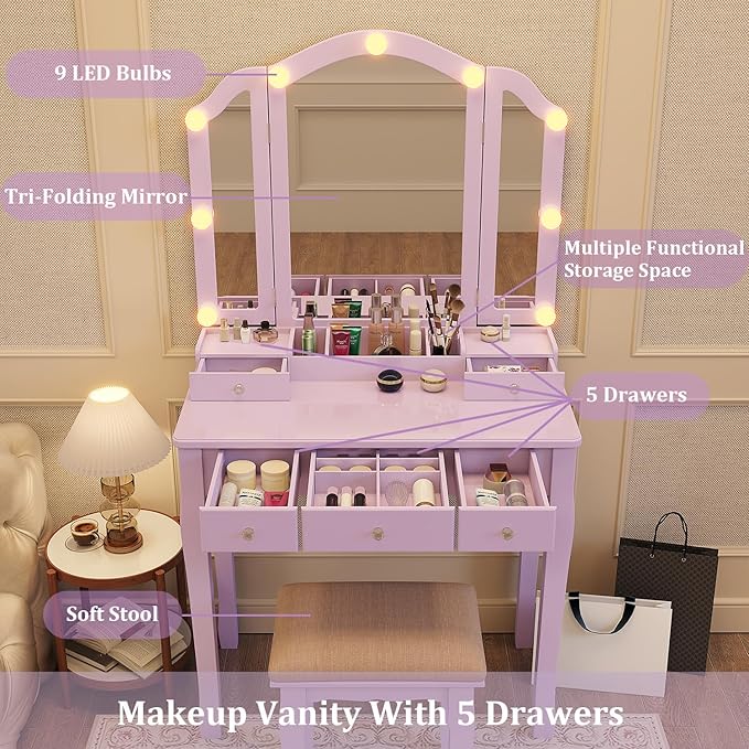 Purple Vanity Makeup Vanity Desk with Lights Vanity for Teen Girls Vanity Set for Teenager Vanity Table with Mirror for Bedroom Vanity Mirror with Lights Girls Desk and Chair