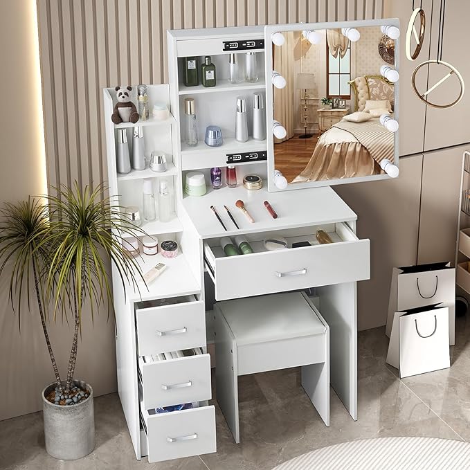 Vanity Desk with Sliding Mirror and Lights, Makeup Vanity Set with Stool and Drawers, 3-Color Lights, Adjustable Brightness, Small Vanity Dressing Table for Bedroom, Gifts for Girls & Women,H3155