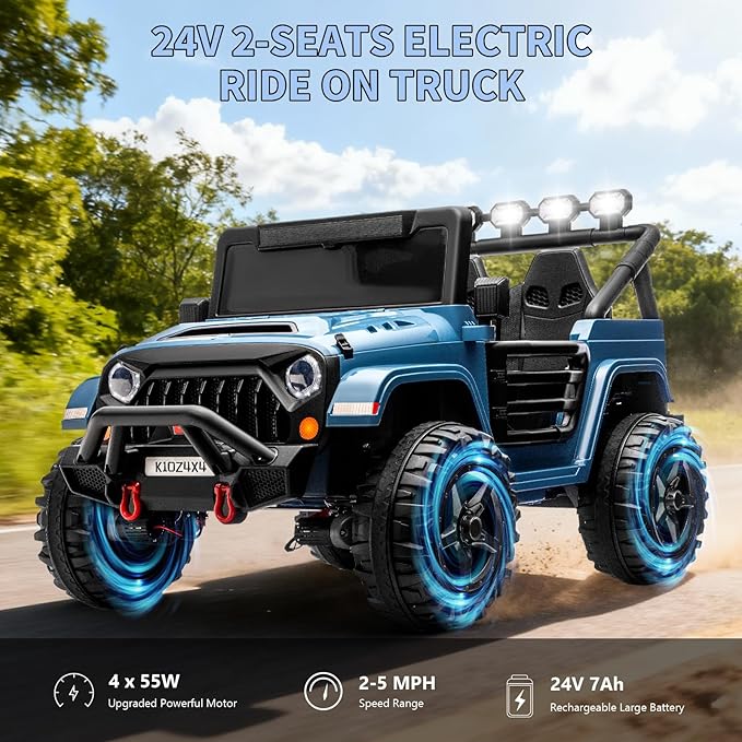 2 Seater Ride on Car Toy for Kids, 24V 4x4 Ride-on Truck, w/Parent Control, Soft Start, 3 Speed, 4-Wheeler Suspension, Bluetooth, LED Lights, Electric Car for Kids Toddler Ages 3-8, Lake Blue