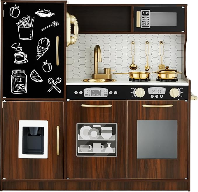 Best Choice Products Pretend Play Kitchen Wooden Toy Set for Kids w/Realistic Design, Telephone, Utensils, Oven, Microwave, Sink - Espresso