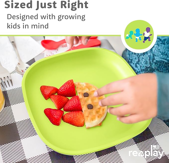Re-Play Toddler Plates - 22 Oz. Deep-Walled Flat Kids Plates - Dishwasher & Microwave Safe - Made in USA - Set of 4-7.37" x 7.37" x 1.25" - Aqua Asst
