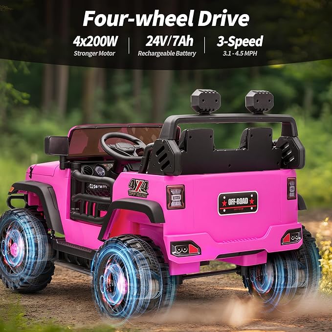 2 Seater Ride on Toy Car for Kids, 24V 4WD Ride-on Truck Kids Electric Car with Remote Control, 4x200W Motors - Pink