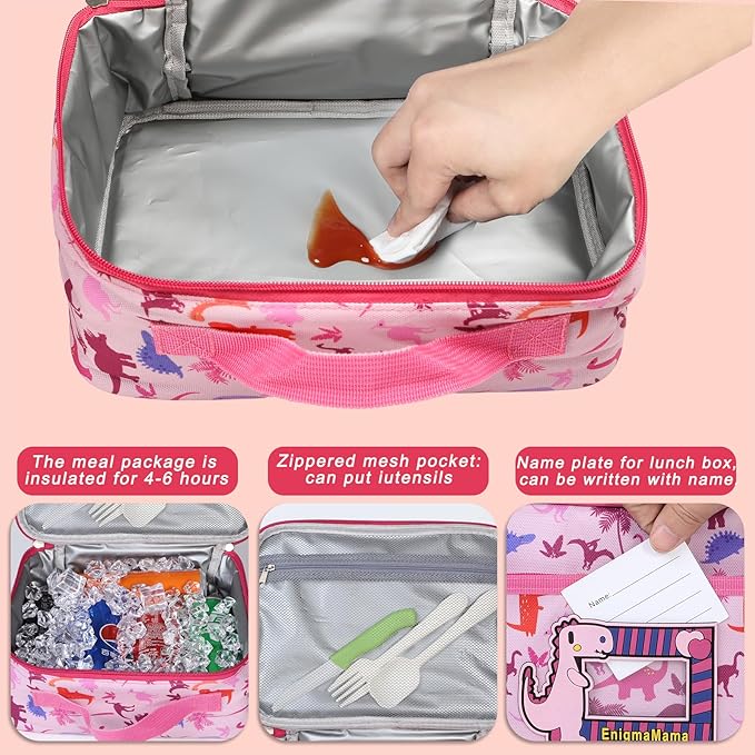 Pink Dinosaur Lunch Box Girl Lunch Bag with Name Tag Reusable 4-6hrs Insulated Square Portable Lunch Bag for Toddler Small Leakproof Cute Cooler Organizer Tote bag (Pink bag)