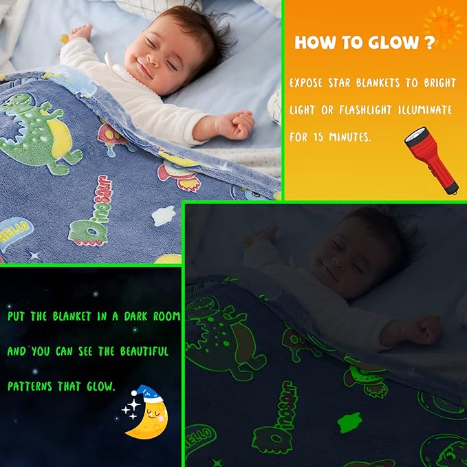 REXEO Glow in The Dark Blanket Dinosaur Gifts Toys for Boys Birthday Gifts for Kids 1 2 3 4 5 6 7 8 9 10 Year Old Kids Blanket Glowing Dinosaur Room Decor Blankets for Toddler