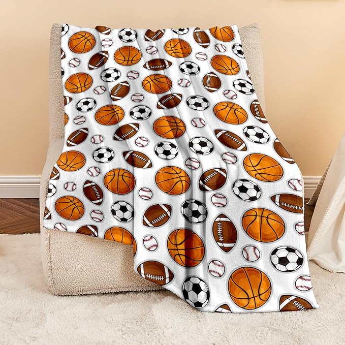 Wajade Sports Balls Blanket for Boys Soft Fleece Baseball Basketball Soccer Blanket for Couch Sofa Bedroom Fuzzy Flannel Blankets Birthday for Kids Boys 60"x80"