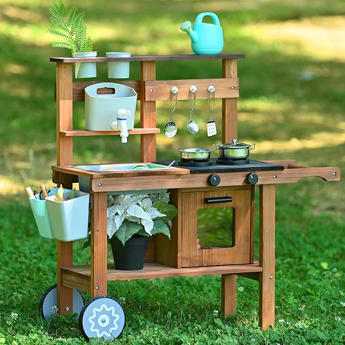 OLLIKIVI Mud Kitchen for Kids Outdoor, Wooden Play Kitchen with Removable Sink, Faucet, Storage Shelves, Backyard Garden Toddler Kitchen Playest, Kitchenware, Stove, Gift for Boys and Girls