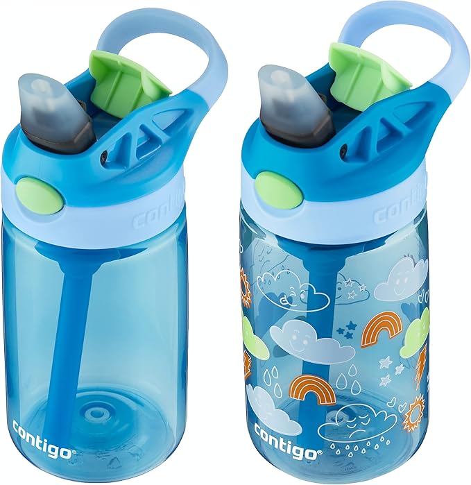Contigo Kids Water Bottle with Redesigned AUTOSPOUT Straw, 14oz., 2 Pack, Blue Poppy and Periwinkle & Blue Poppy with Periwinkle and Into the Clouds