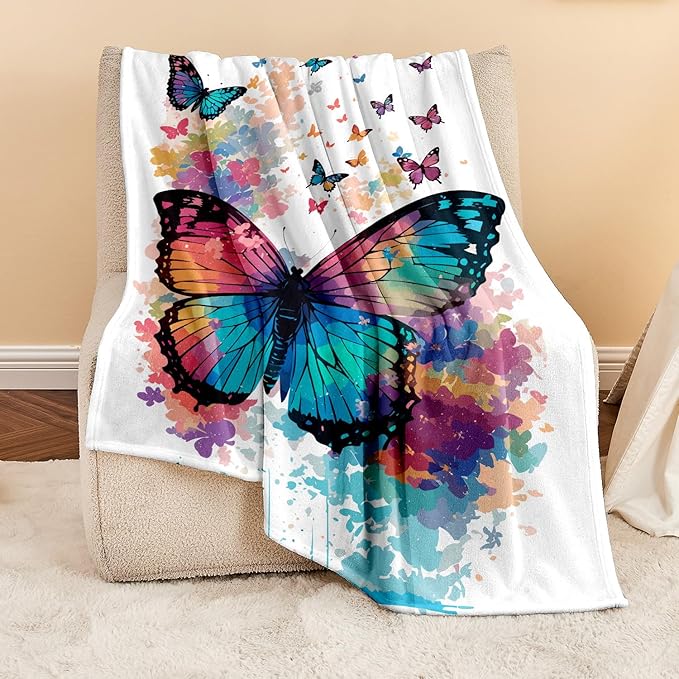 Wajade Kids Butterfly Blanket - Soft Fleece Butterfly Throw for Girls, White, 60"x80"