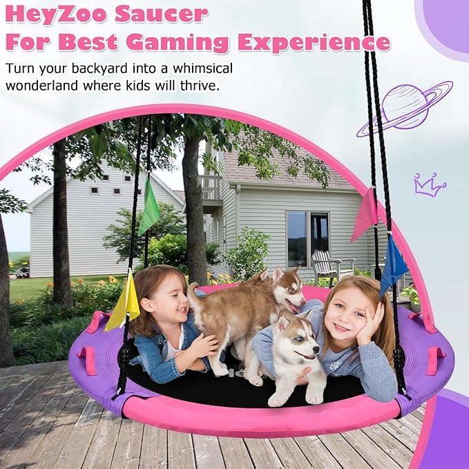 Tree Swing, 43 Inch Saucer Swing Sets for Kids, Come with 360 Degree Swivel and Adjustable Hanging Strap, Pink and Purple
